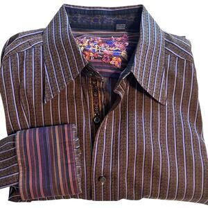 Robert Graham Striped Flip Cuff Shirt Mens Large Brown Button Cotton Office